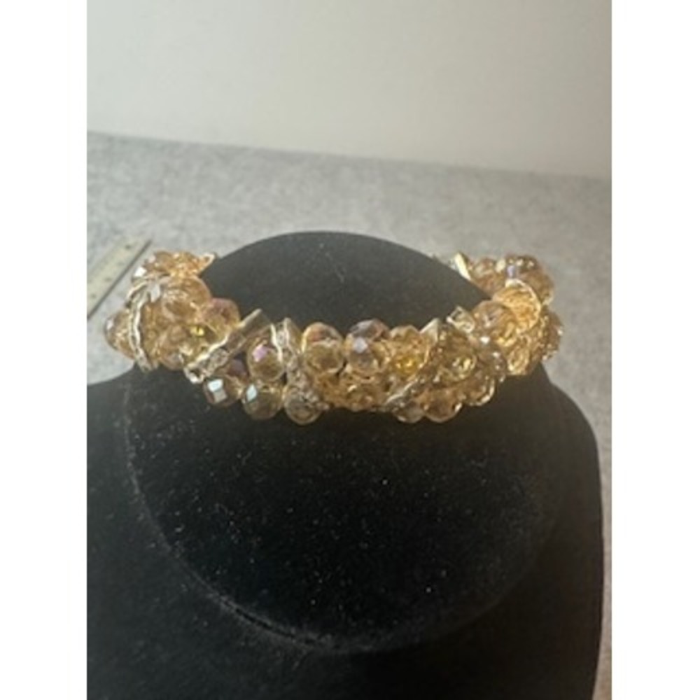 Yellow Faceted Bead Stretch Bracelet Gold Tone Textured Spacer Vintage Style